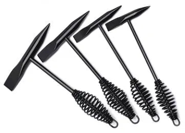 Welding slag removal hammer with spring steel handle and high carbon steel head.