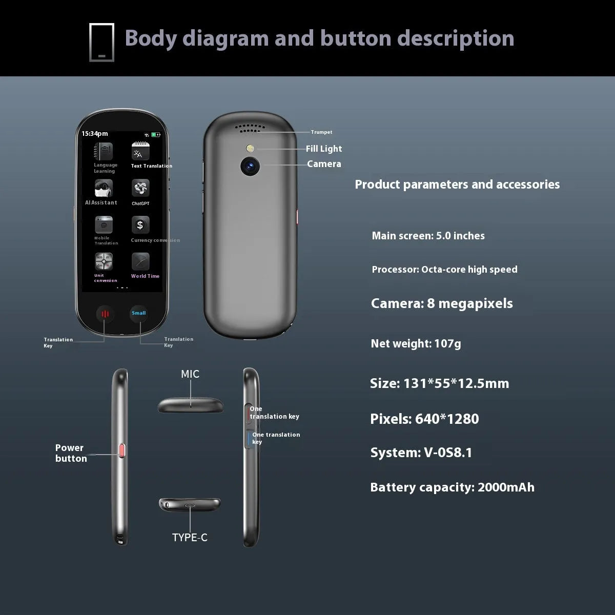 Black multi-language simultaneous interpretation translator with lanyard and charging cable for business use.