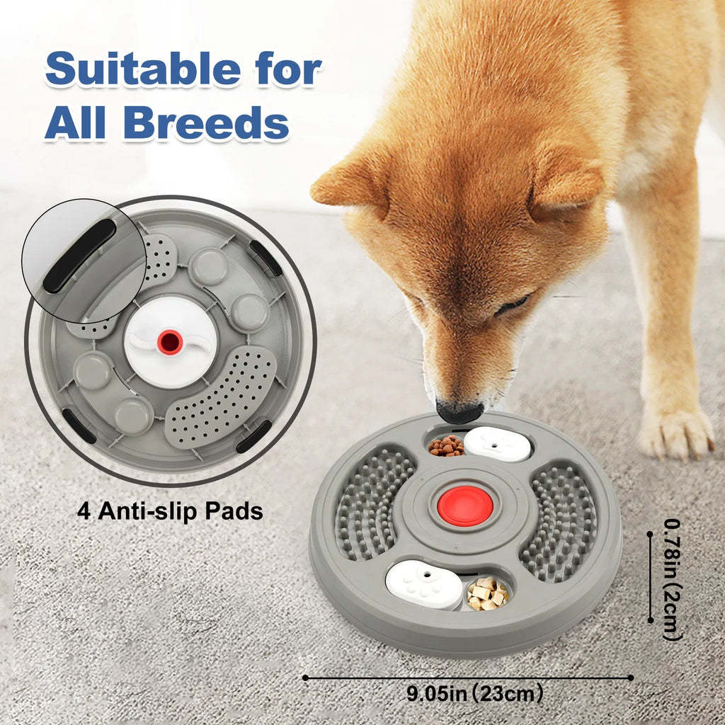 Grey and blue PP plastic dog slow feeder bowl with grooves and anti-slip pads on a white background