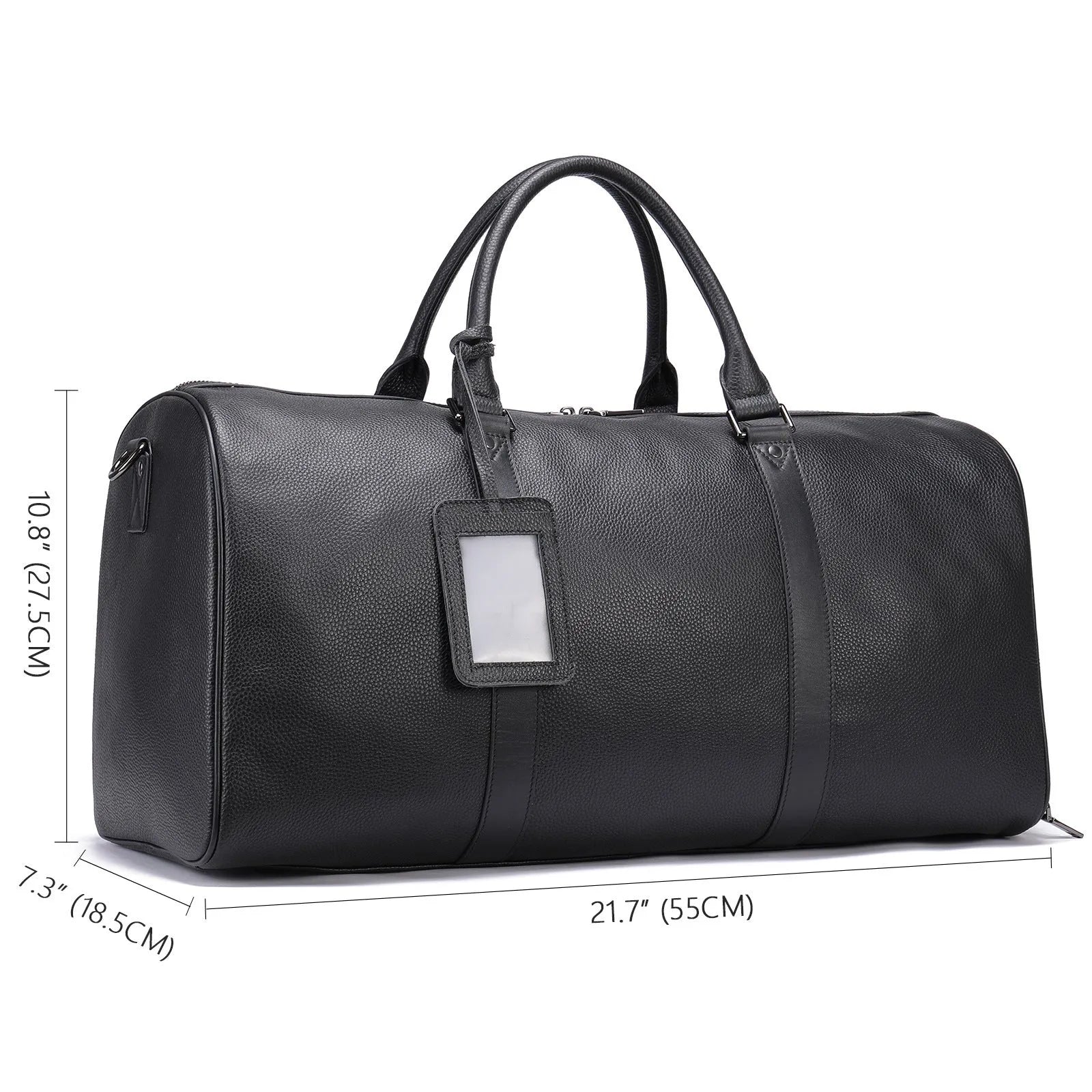 Men's black leather excursion tote bag with a single shoulder strap shown next to a coffee-coloured larger version.