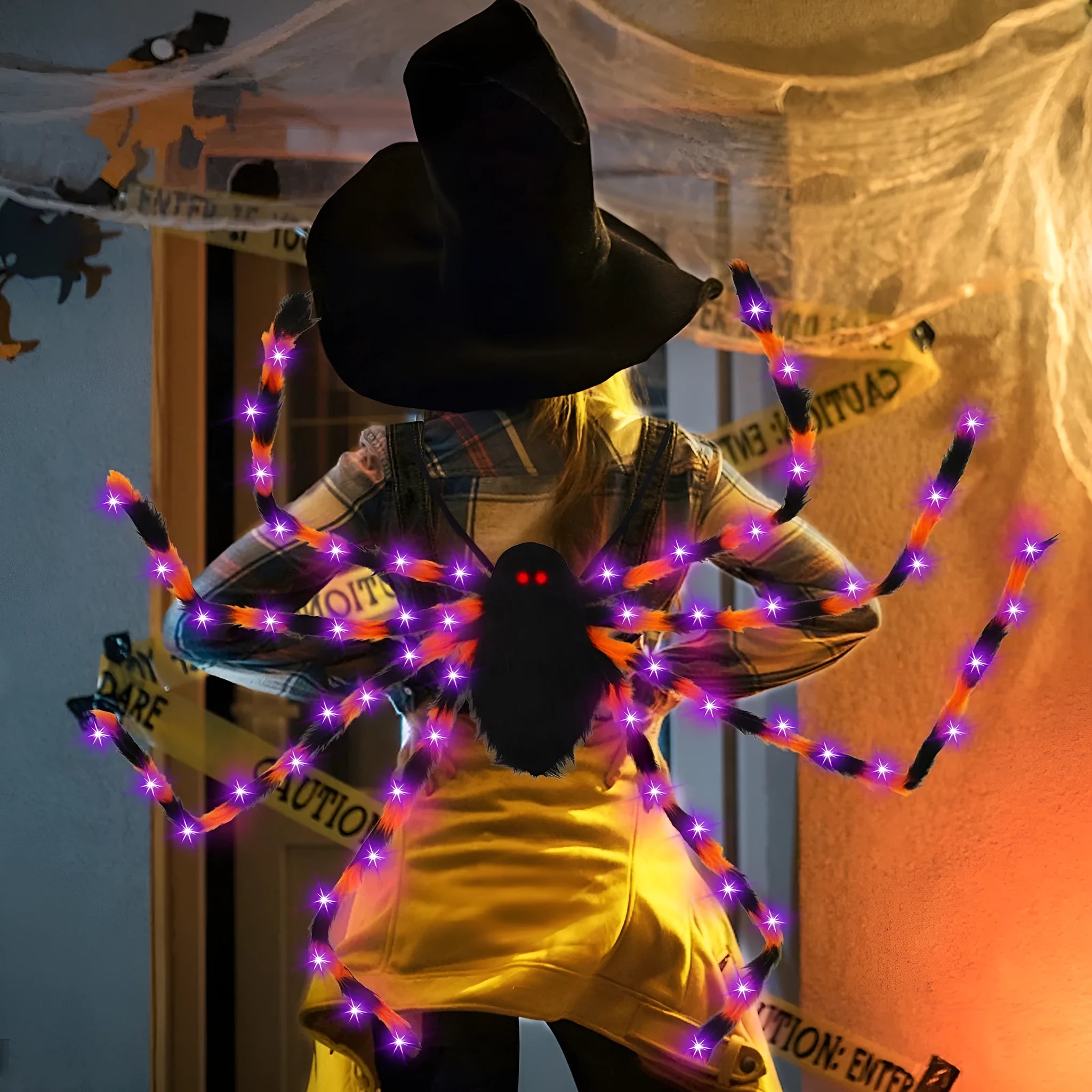 Halloween spider backpack with LED lights in plush sugar bag design