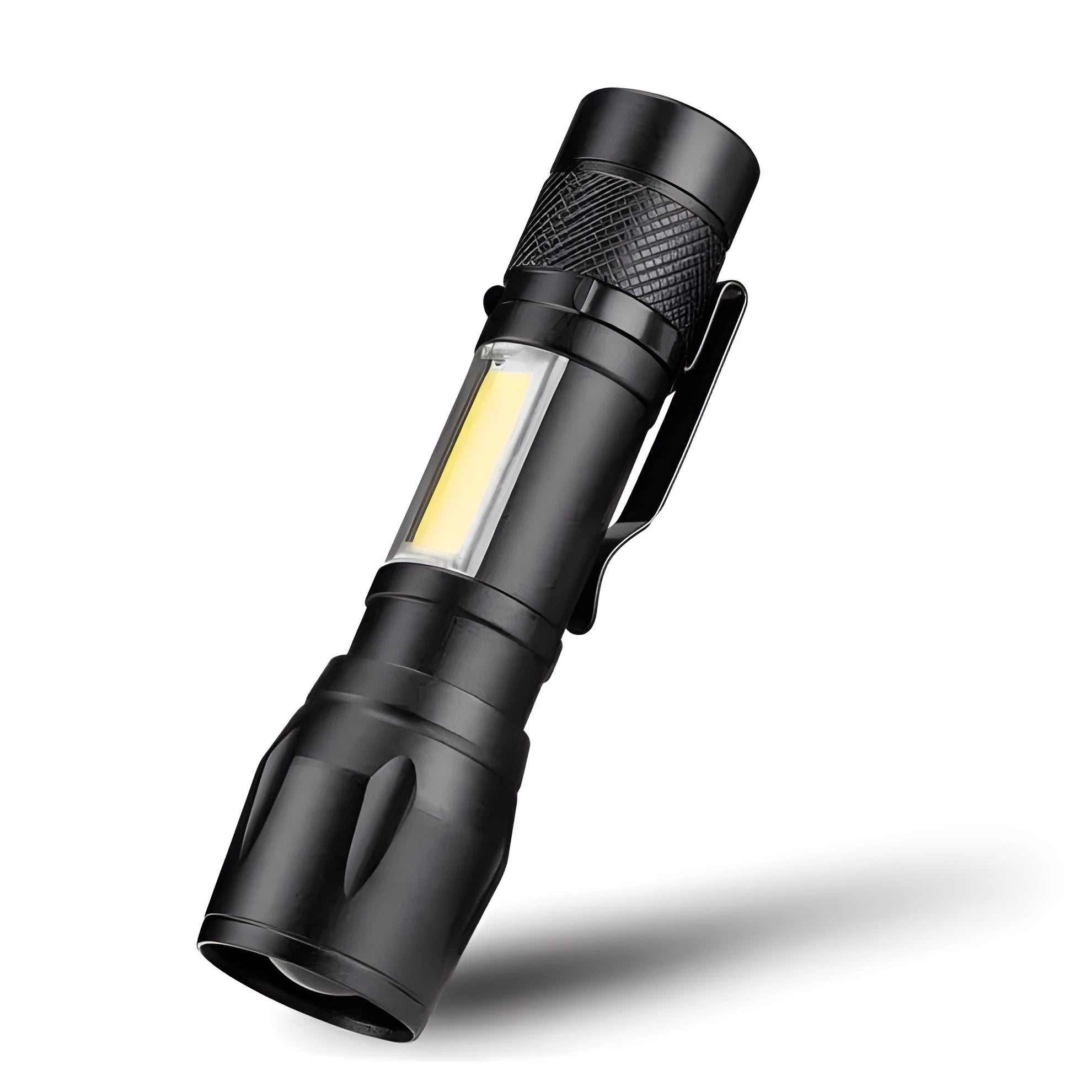 Black aluminium alloy telescopic LED torch with adjustable focus and clip