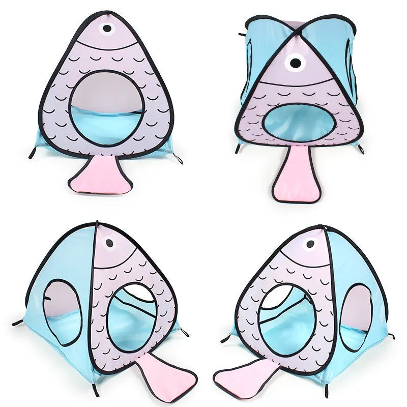 Foldable cat tunnel pet tent with fish design pattern, made from polypropylene plastic
