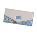 Women's large black three-fold PU leather wallet with buckle closure showing card slots.