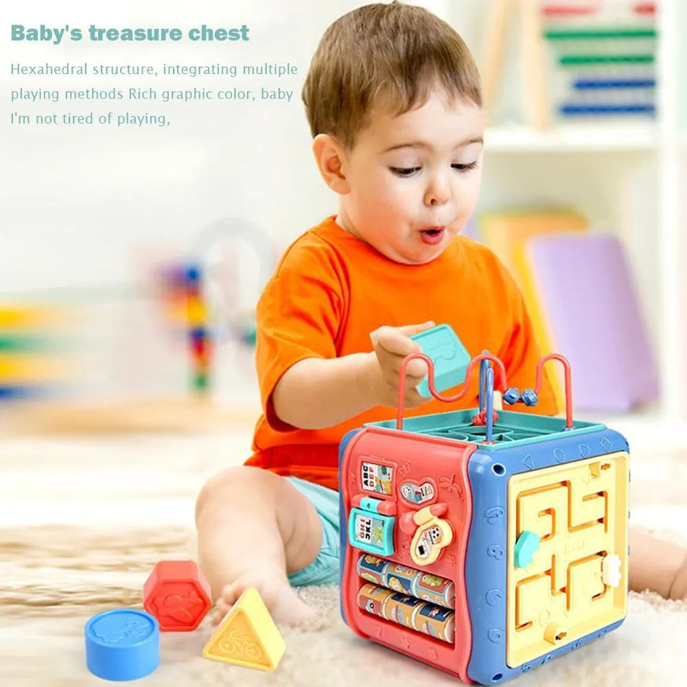 Colourful six-sided Montessori educational toy cube with bead maze, gears, and shape sorting activities