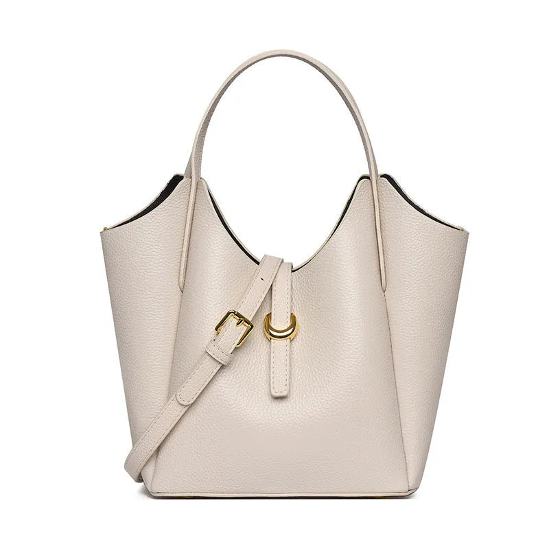 Genuine leather women's bucket bag in retro style with large capacity and file organiser