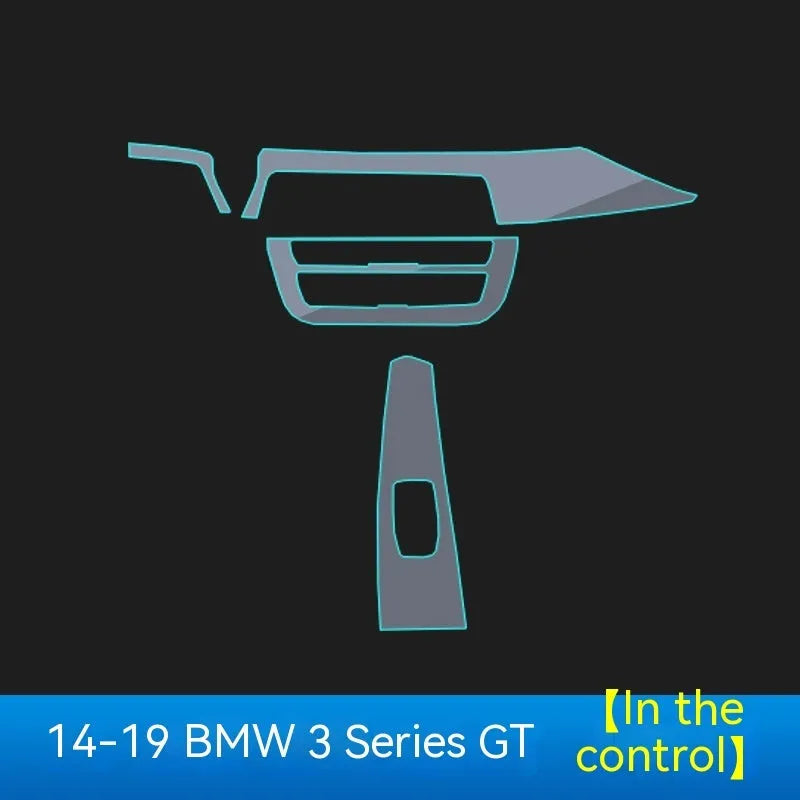 Transparent TPU protective film kit for BMW 3 Series dashboard and centre console interior.