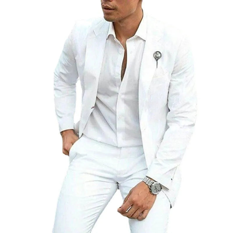Men's white slim fit two-piece wedding suit with light business style