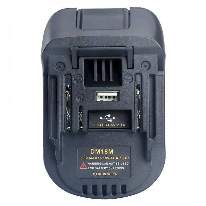 Black Milwaukee to Makita battery adapter showing DM18M to H99F connection for power tools