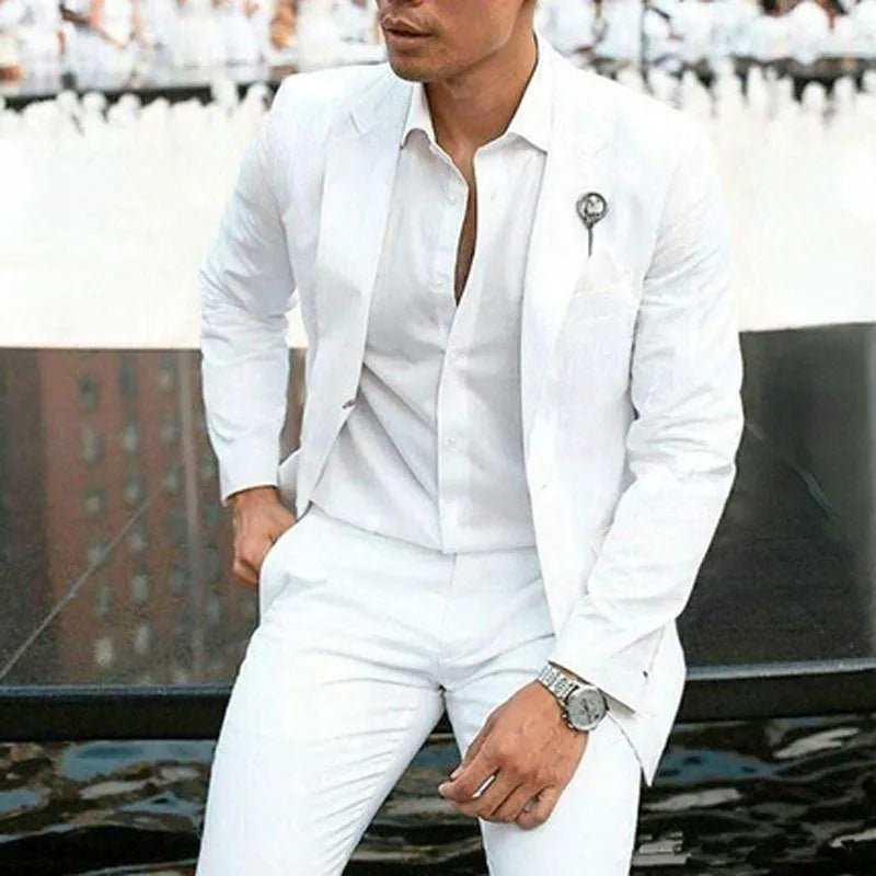 Men's white slim fit two-piece wedding suit with light business style