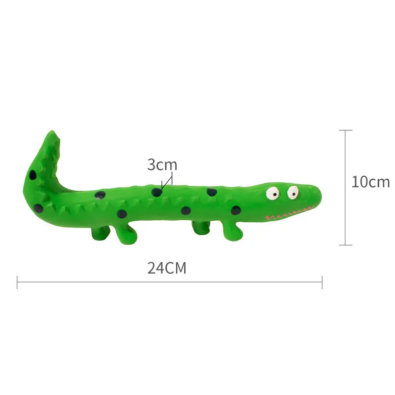 Green lizard-shaped dog chew toy with squeaker, measuring 24cm long