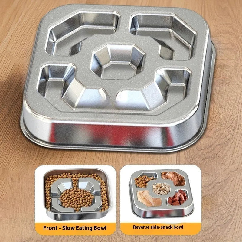 Square stainless steel slow feeding pet bowl for dogs and cats with bone square design on a plain background.