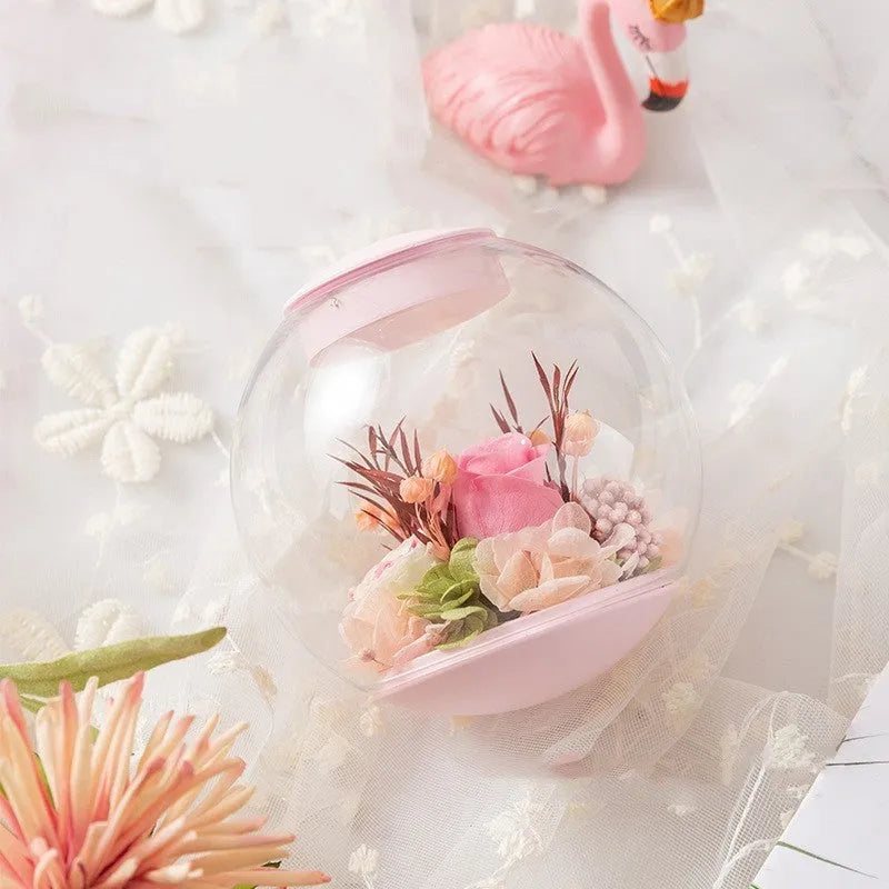 Pink preserved rose ornament with optional base and bluetooth feature for birthday and Valentine's gifts
