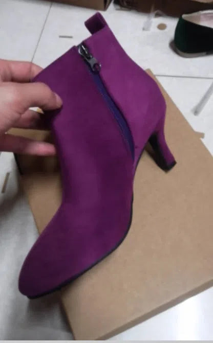 Women's Suede Boots - Pointed Toe High Heel Ankle Boots, Brown Leather Look Boots, Low Shaft Cotton Lined Boots for Women, Available in Green and Purple Sizes 34-43