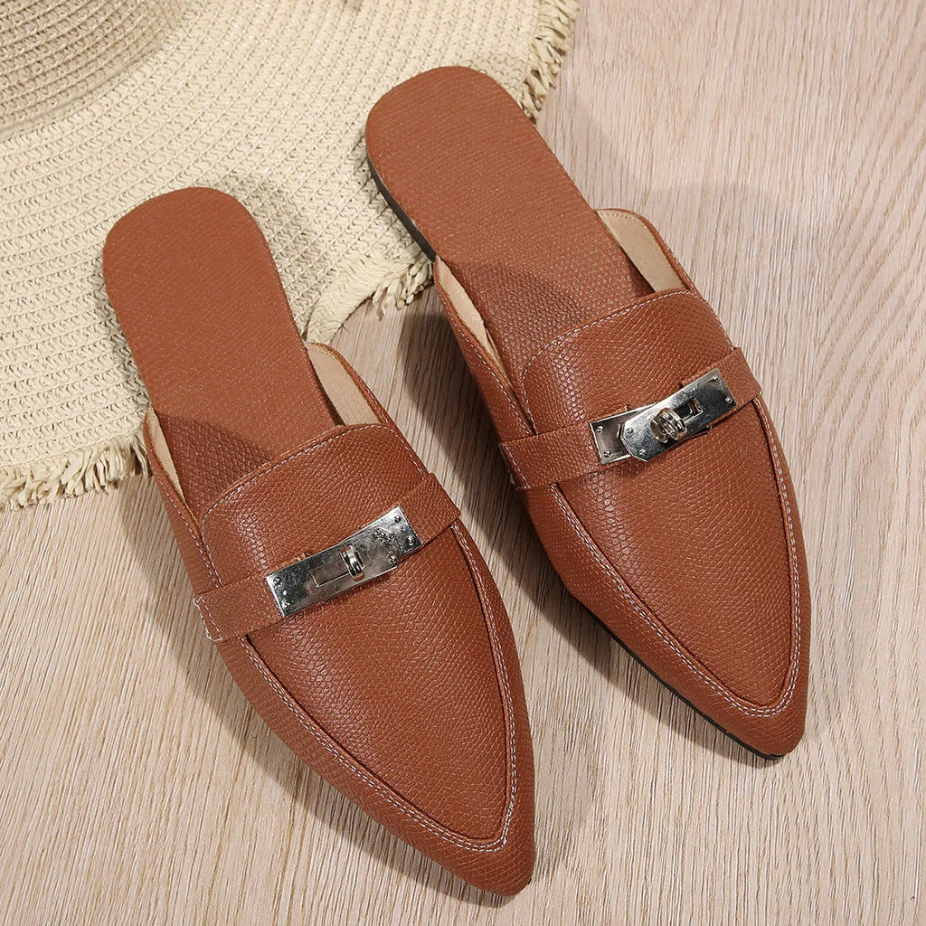 Light brown women's pointed-toe low-heel semi-slippers with a PU upper and rubber sole.