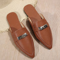 Light brown women's pointed-toe low-heel semi-slippers with a PU upper and rubber sole.