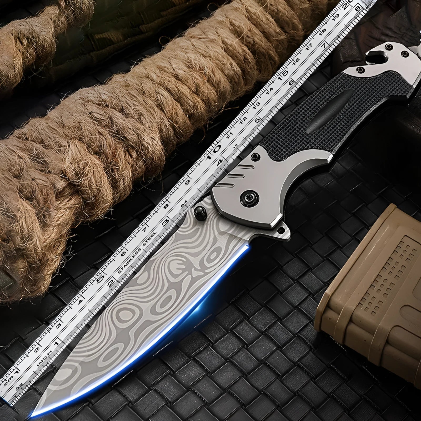 Alloy folding knife with 60-degree blade tip angle showing plain and textured handle options