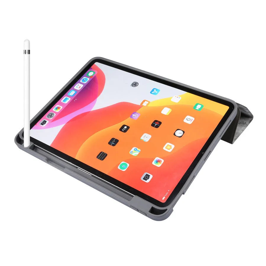 iPad tri-fold leather case with marbling design showing built-in Apple Pencil slot and plane housing construction