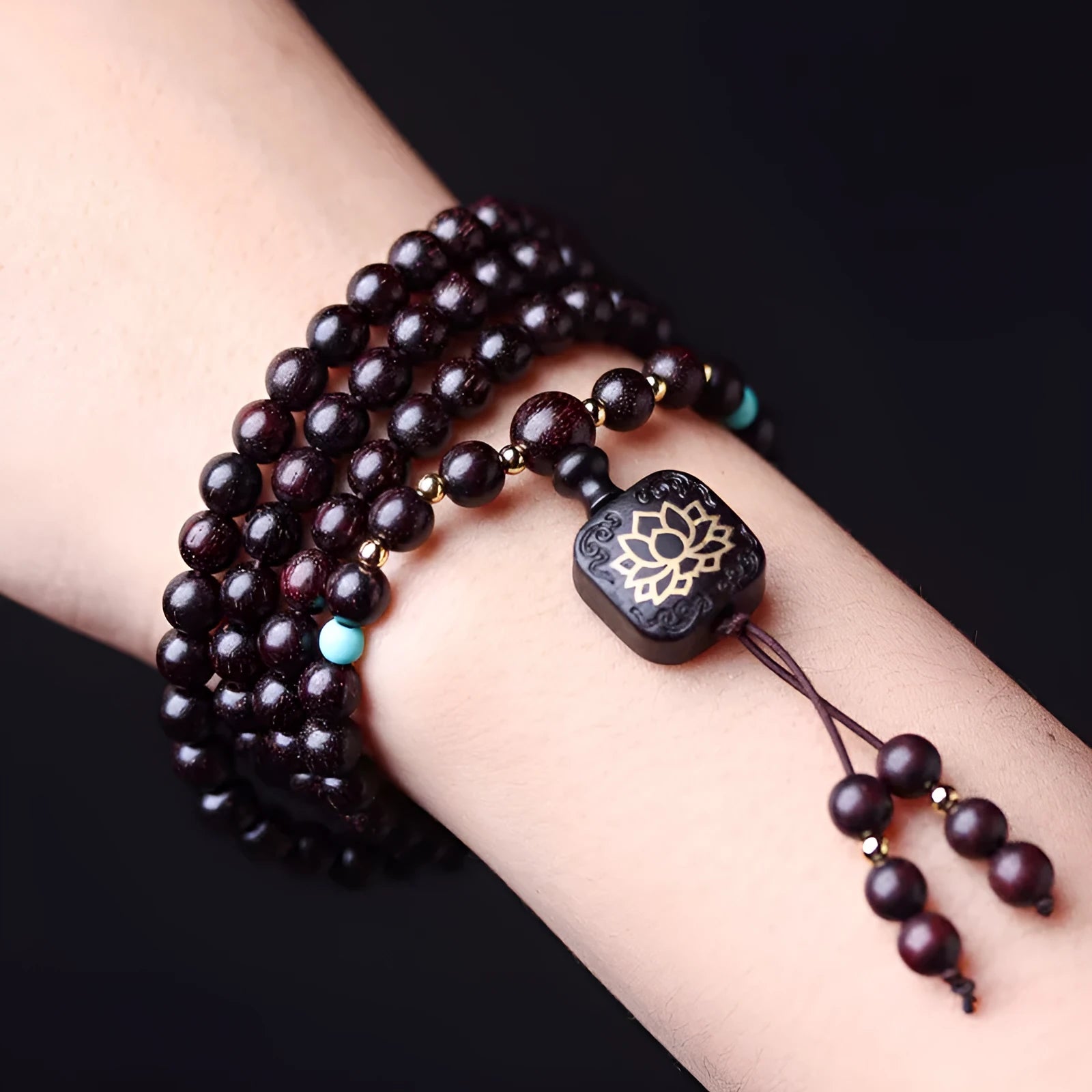 Zambia rosewood Buddha beads DIY bracelet with flat lotus pendant and 108 wooden beads