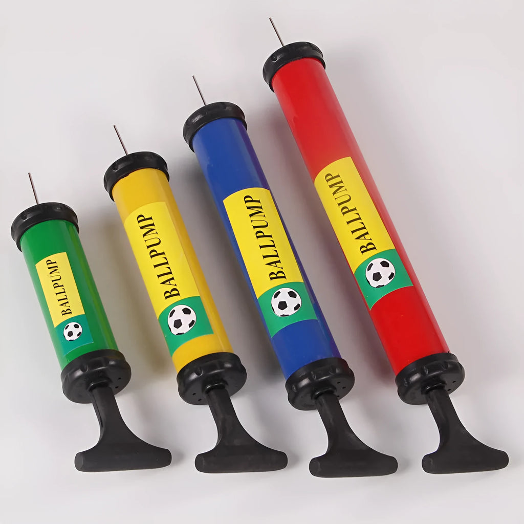 Plastic manual hand pump with four nozzles for sports balls and balloons.