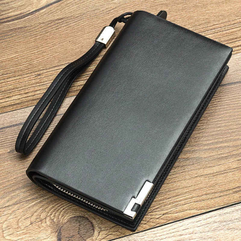 Men's black PU leather zip wallet open showing card slots and cash compartment