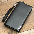 Men's black PU leather zip wallet open showing card slots and cash compartment