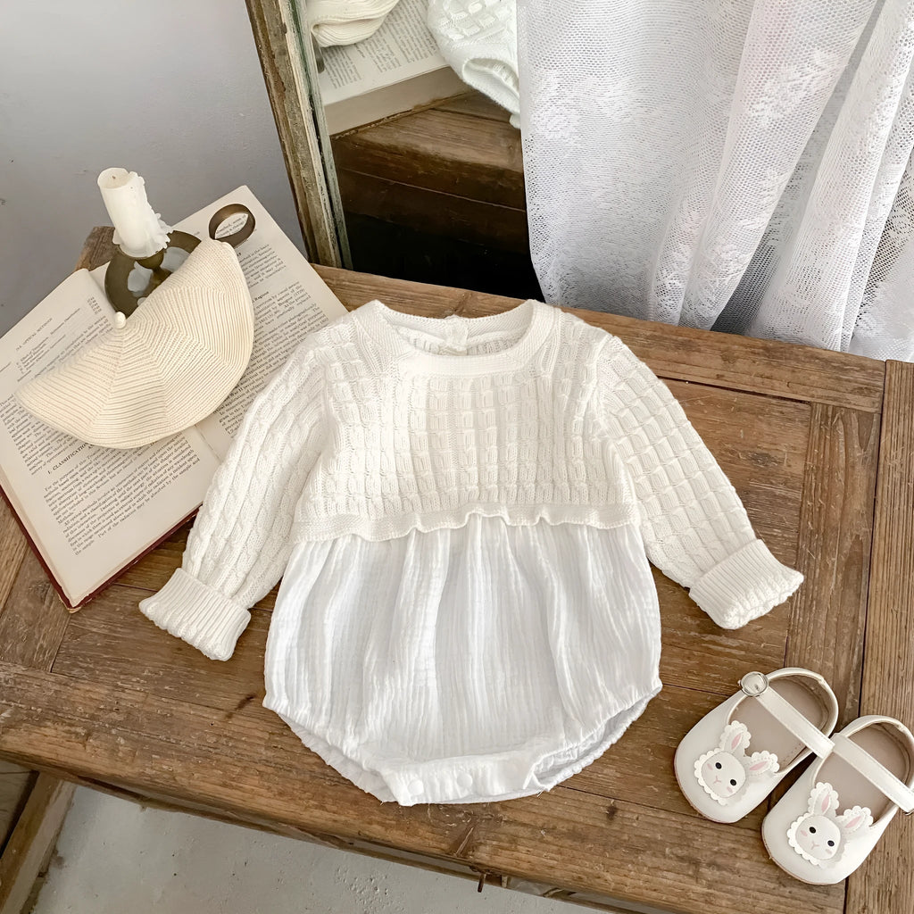 Baby girl cotton romper in milky white long sleeve pullover style