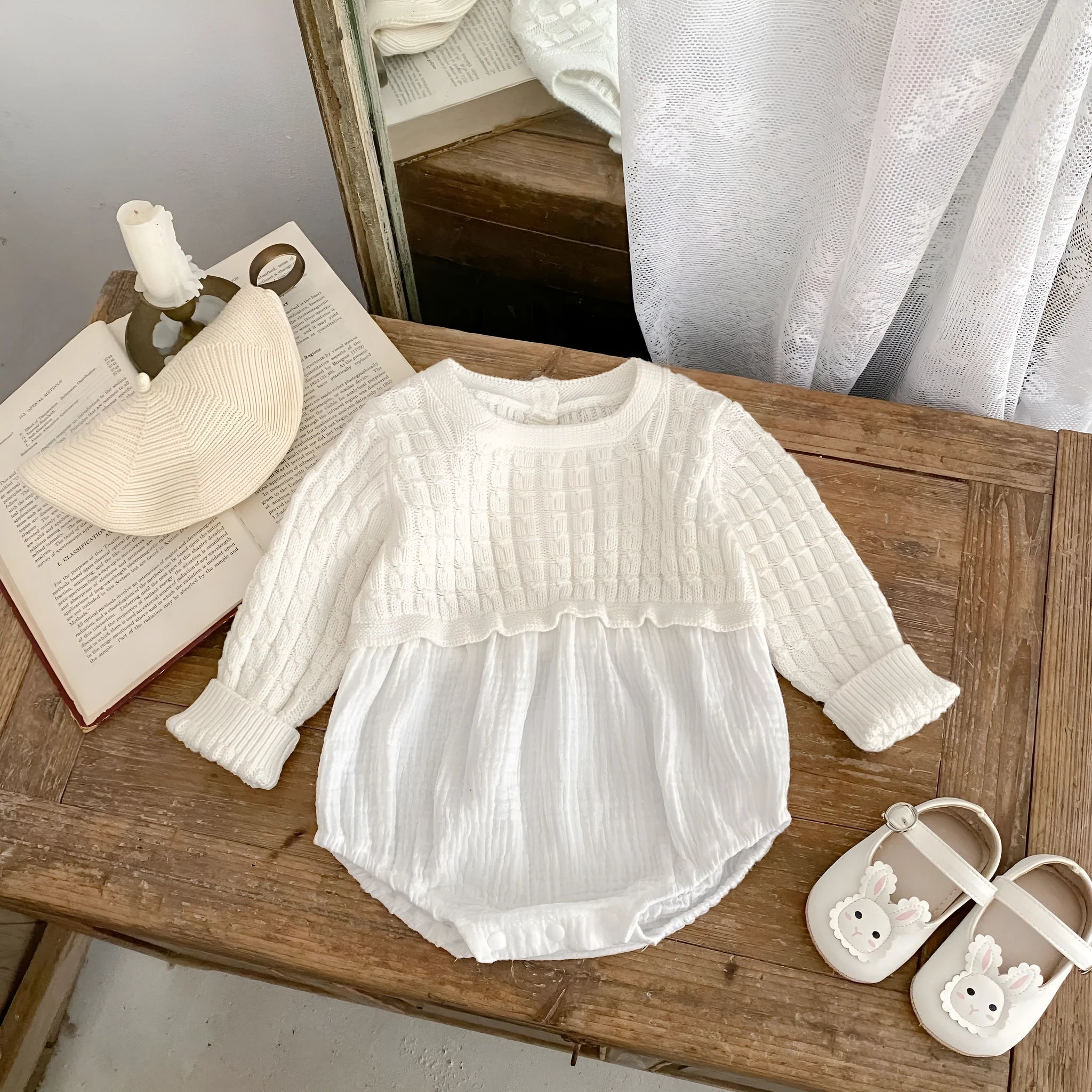 Baby girl cotton romper in milky white long sleeve pullover style
