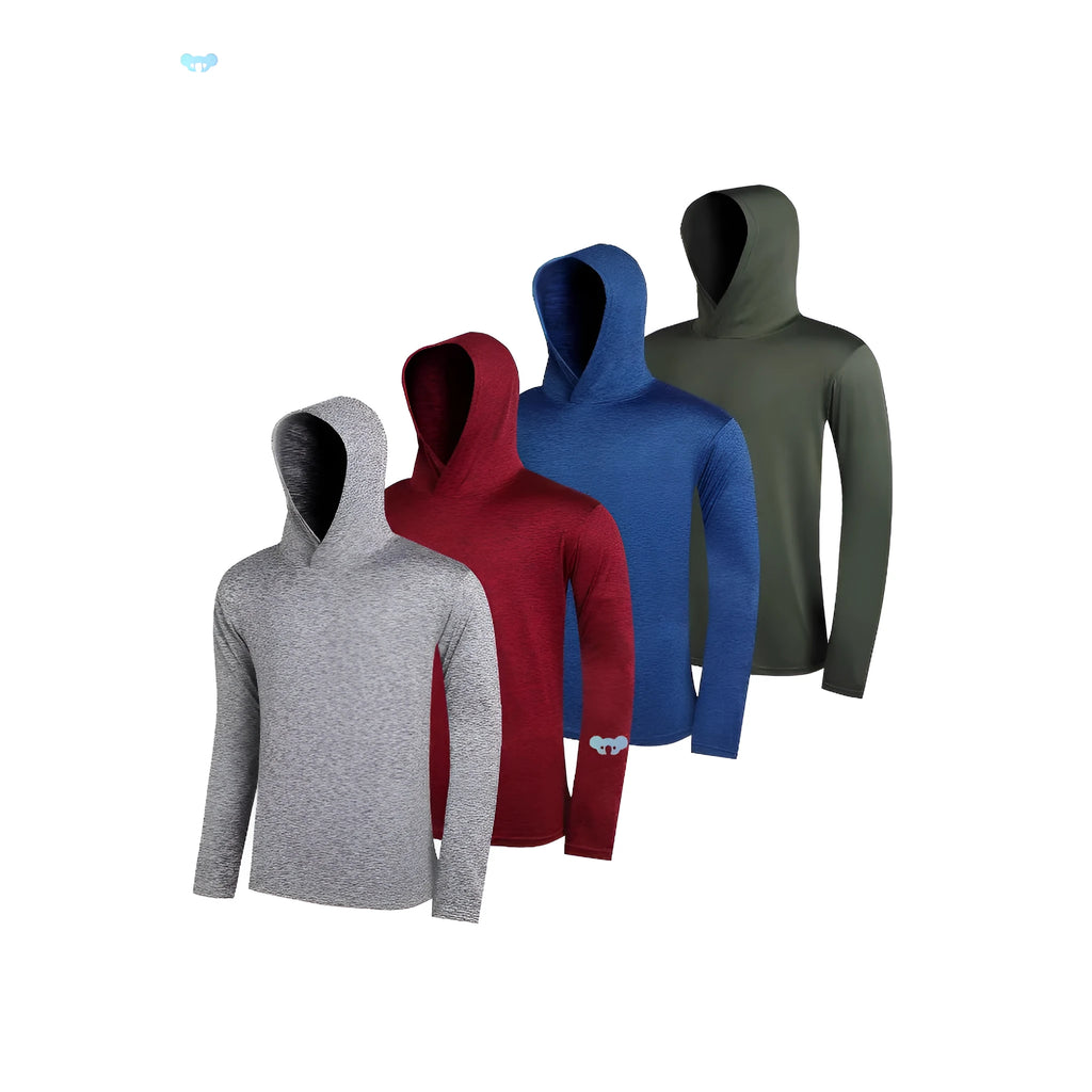 Men's lightweight polyester hoodie bundle in multiple colours, showing front view of hoodie with and without hood.