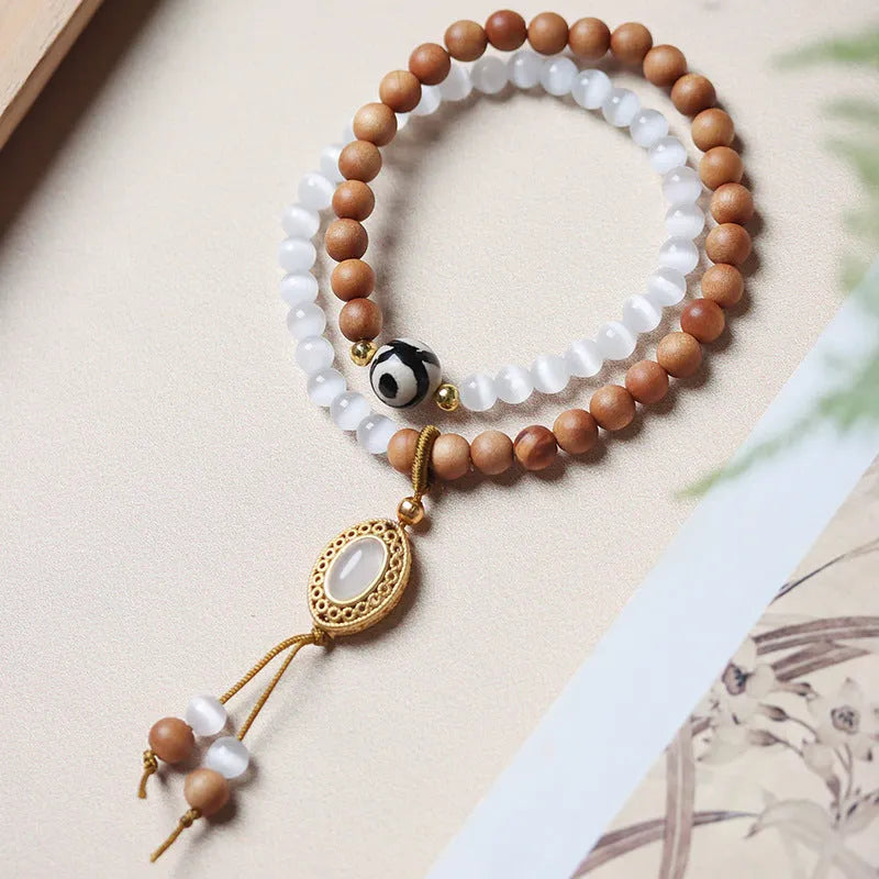 Sandalwood opal double ring bracelet with mixed materials and retro styling