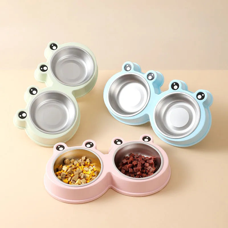 Stainless steel pet bowl with double compartments and frog pattern design for dogs and cats