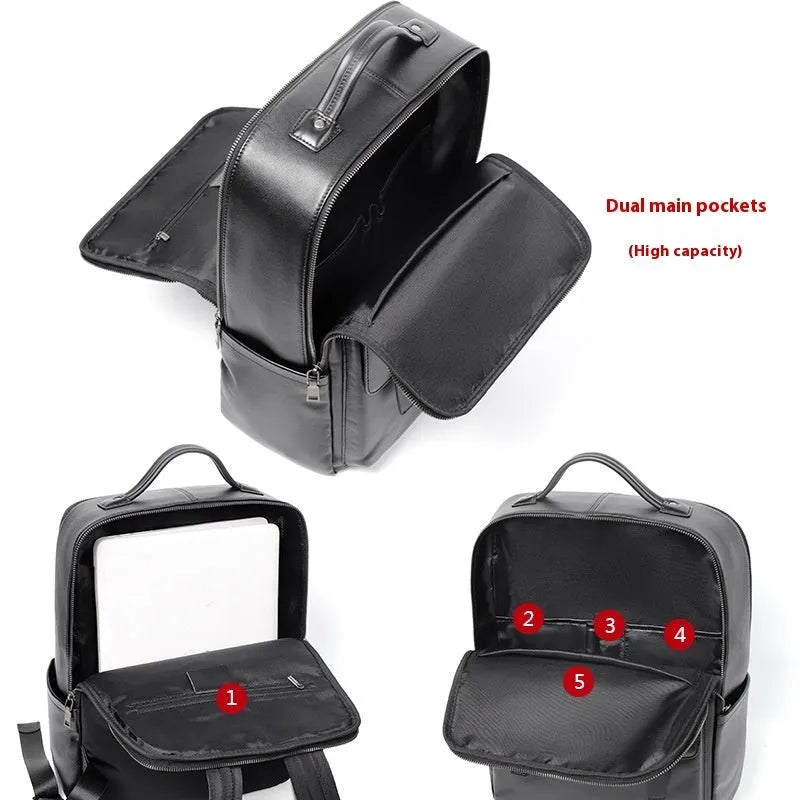 Men's black genuine leather computer backpack with 36-55L capacity for business travel