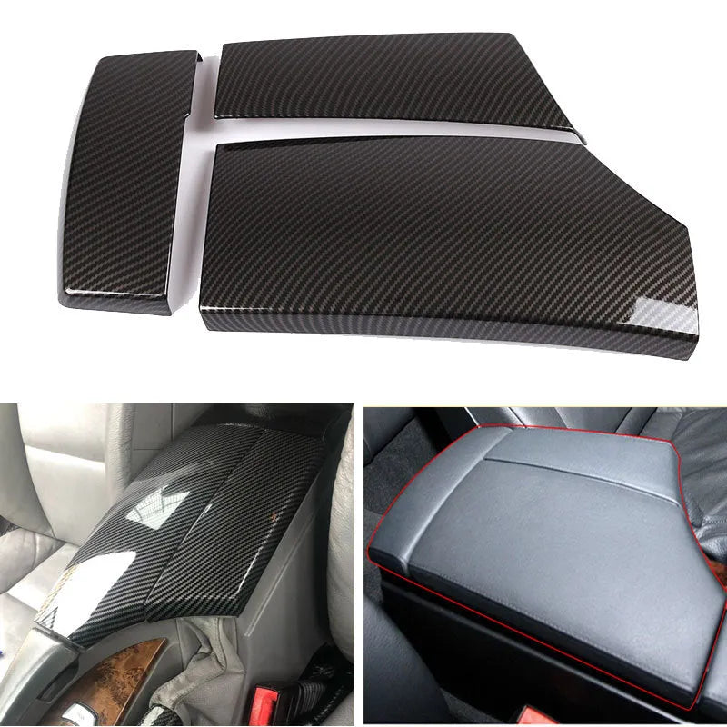 Three-piece set of black ABS armrest box protective covers with shiny carbon fibre pattern for car centre console.