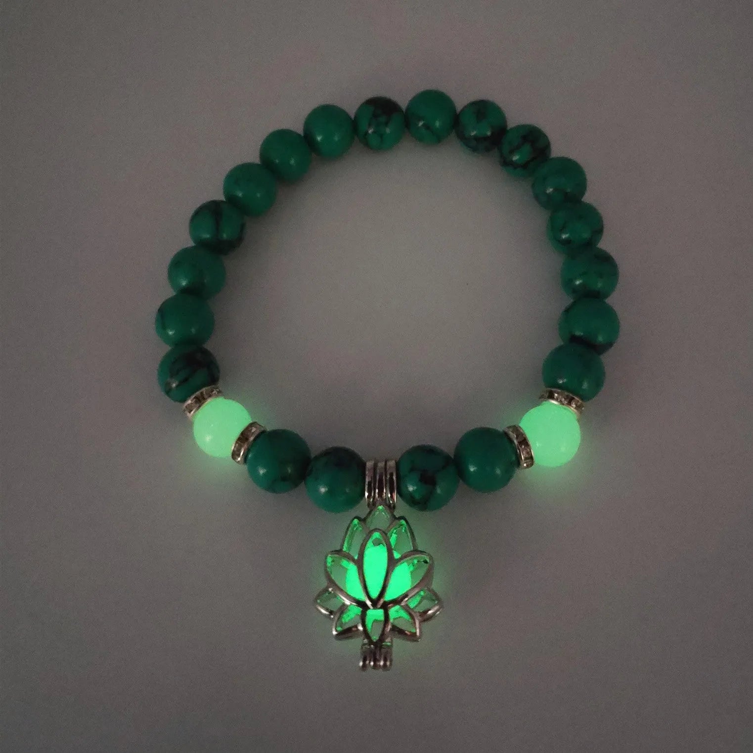 Luminous lotus natural stone bracelet with turquoise glow beads on elastic rope