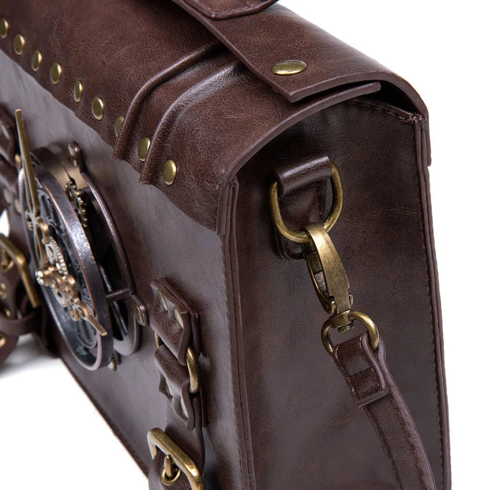 Bronze steampunk industrial retro shoulder bag with metal hardware and square pillow shape