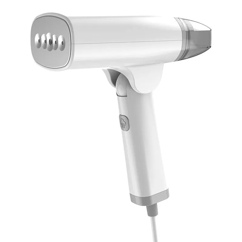 Blue handheld garment steamer with water tank and power cord for portable clothes wrinkle removal