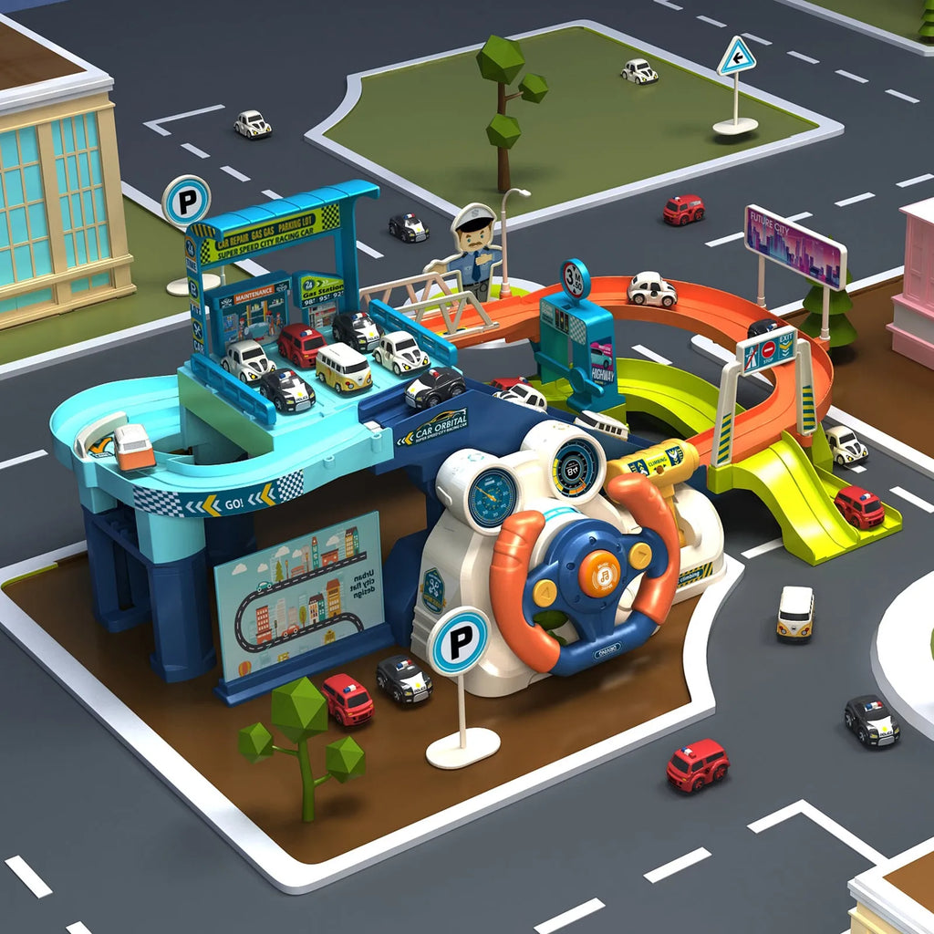 Children's adventure steering wheel car building set with 4 cars and urban traffic rail medium English version