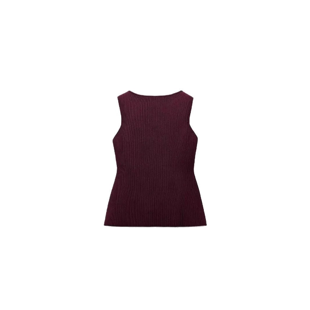 Women's dark red viscose fibre sleeveless cardigan vest with 3D pattern detailing and slim fit silhouette