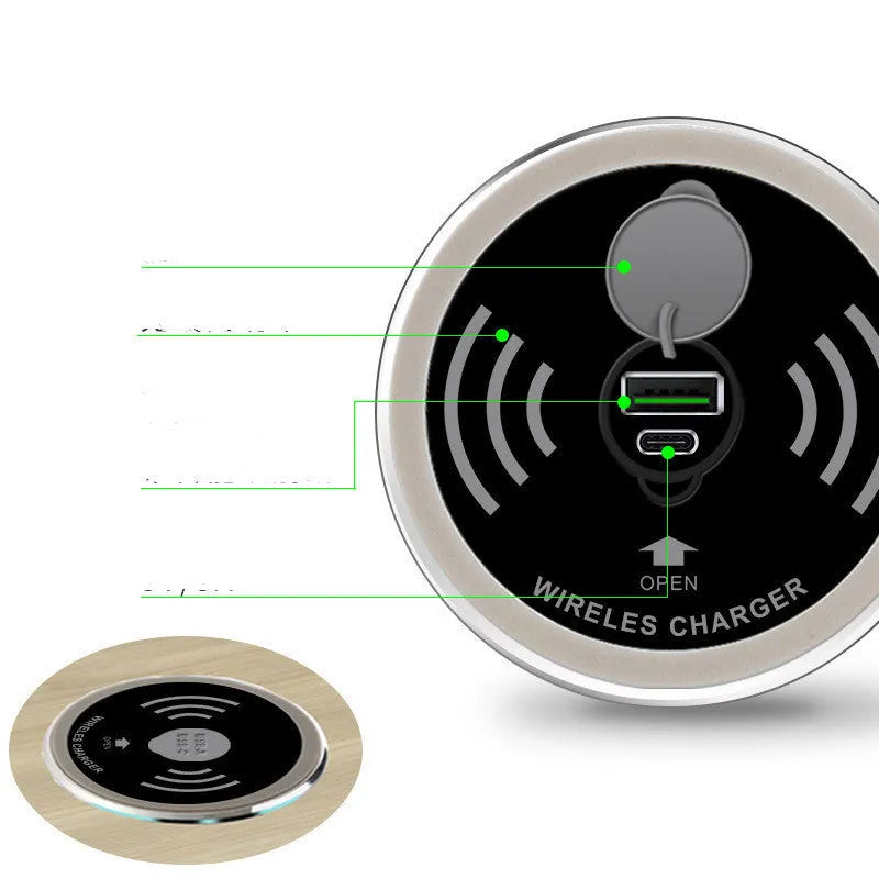 Black desktop embedded Qi wireless charger showing flush installation on a desk surface requiring 60mm hole