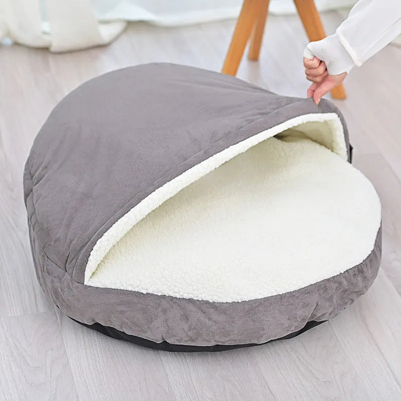 Brown and grey removable cloth dog kennel showing S and M size options for indoor pet use