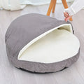 Brown and grey removable cloth dog kennel showing S and M size options for indoor pet use