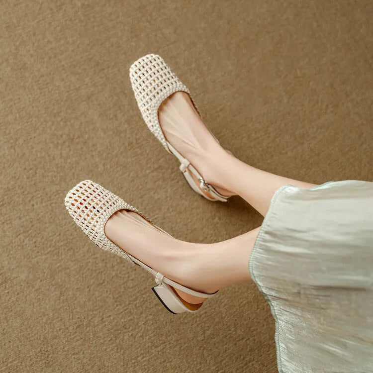 Women's woven hollow-out closed toe sandals with chunky heel and buckle fastening in black or beige