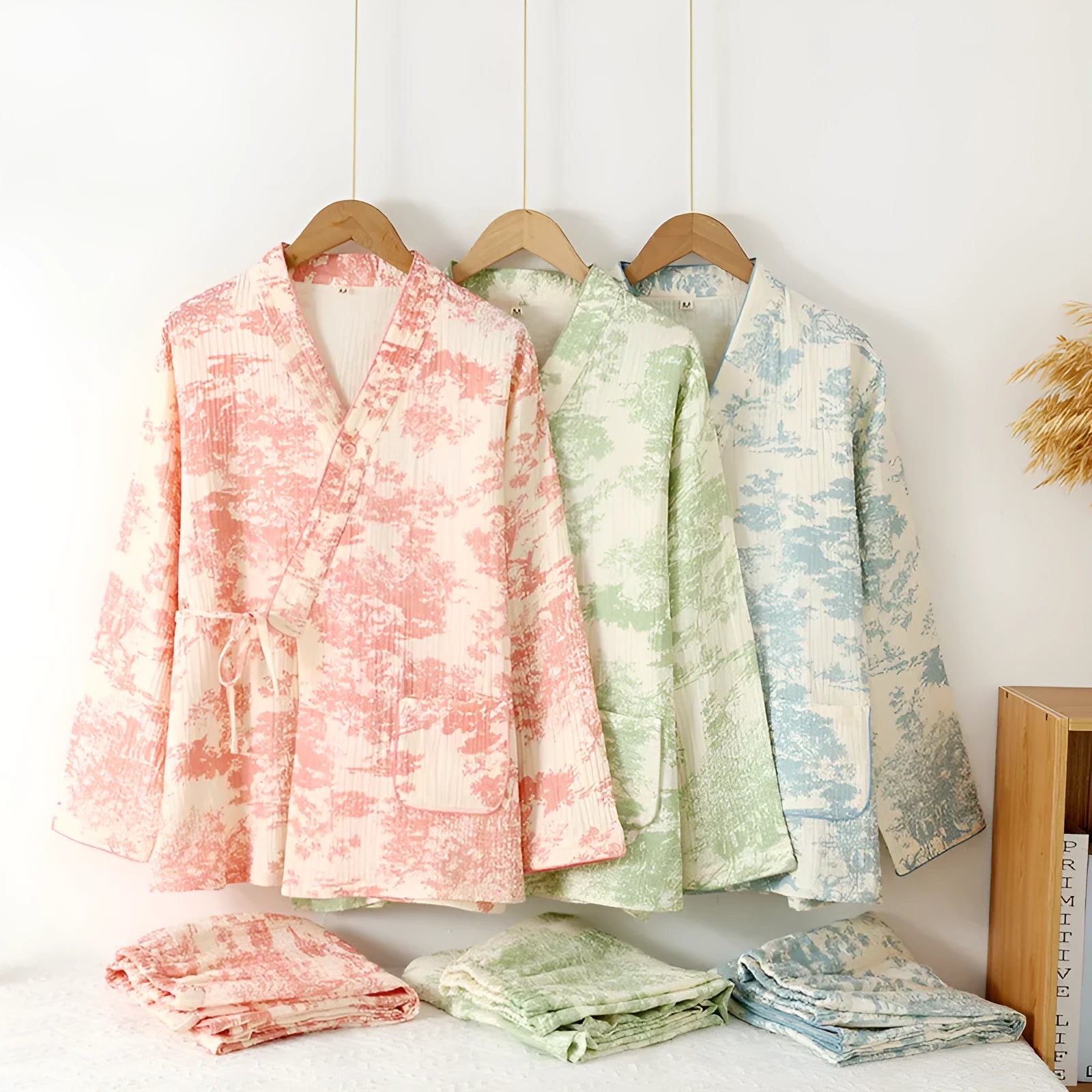 Women's pink cotton gauze suit set with lace-up trousers and long sleeve top for home and casual wear