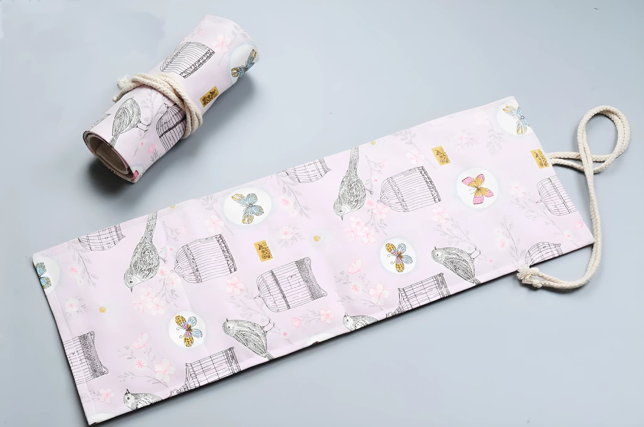Canvas pencil wrap roll up case with elastic bands for 12-72 slots, shown in natural colour