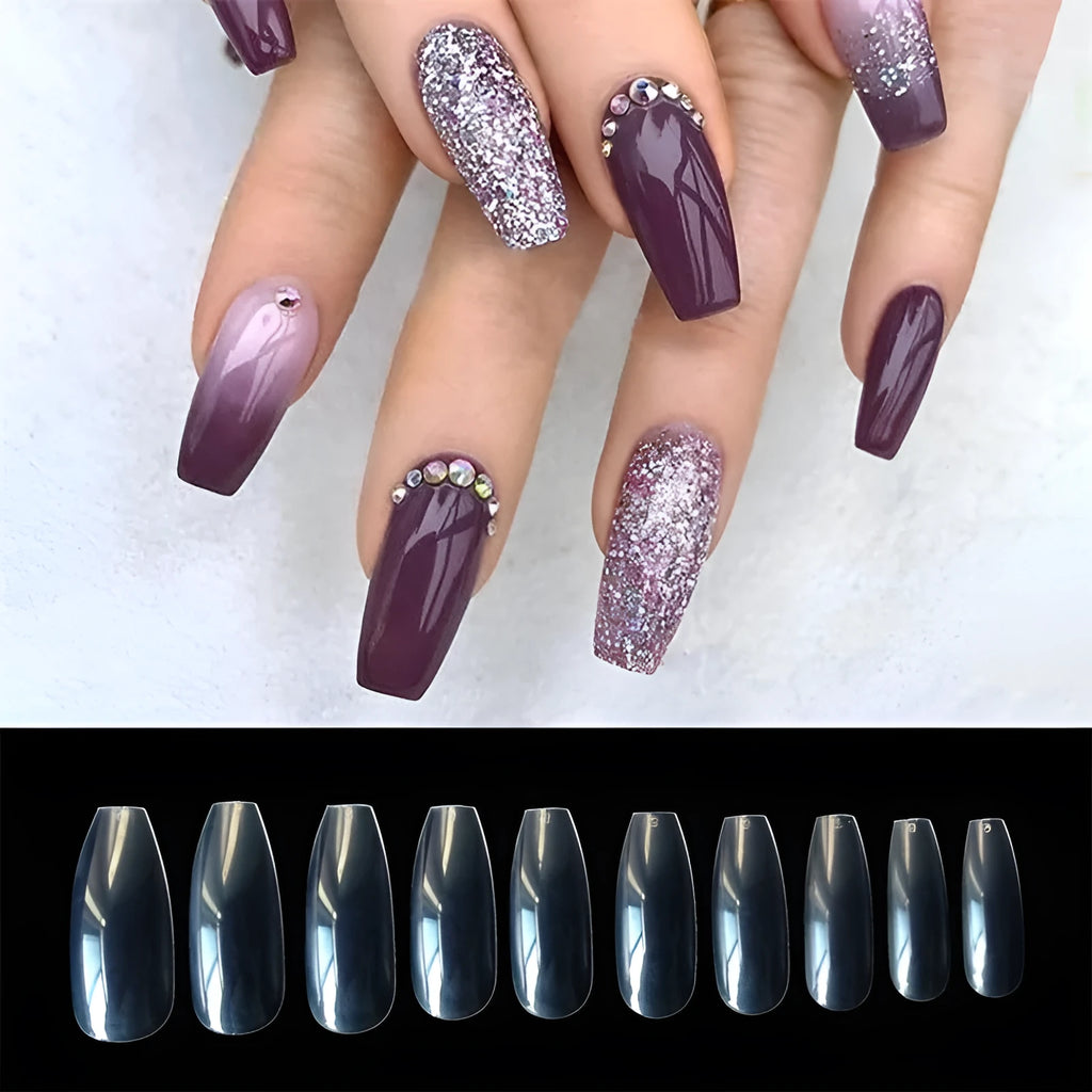 500 clear ABS false nail tips in 10 different sizes on a white background