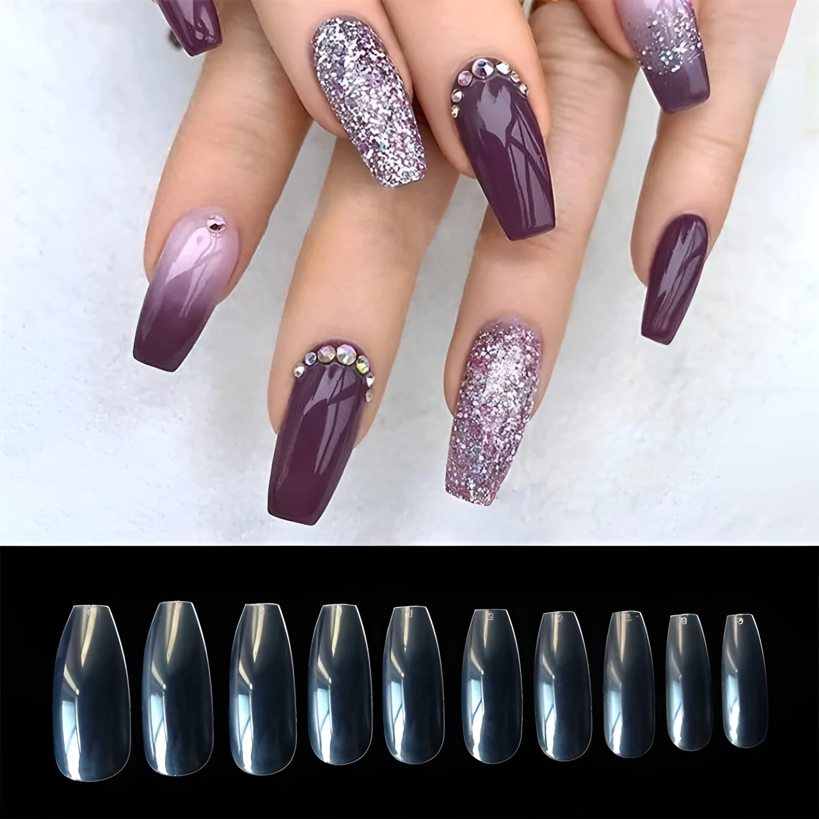 500 clear ABS false nail tips in 10 different sizes on a white background