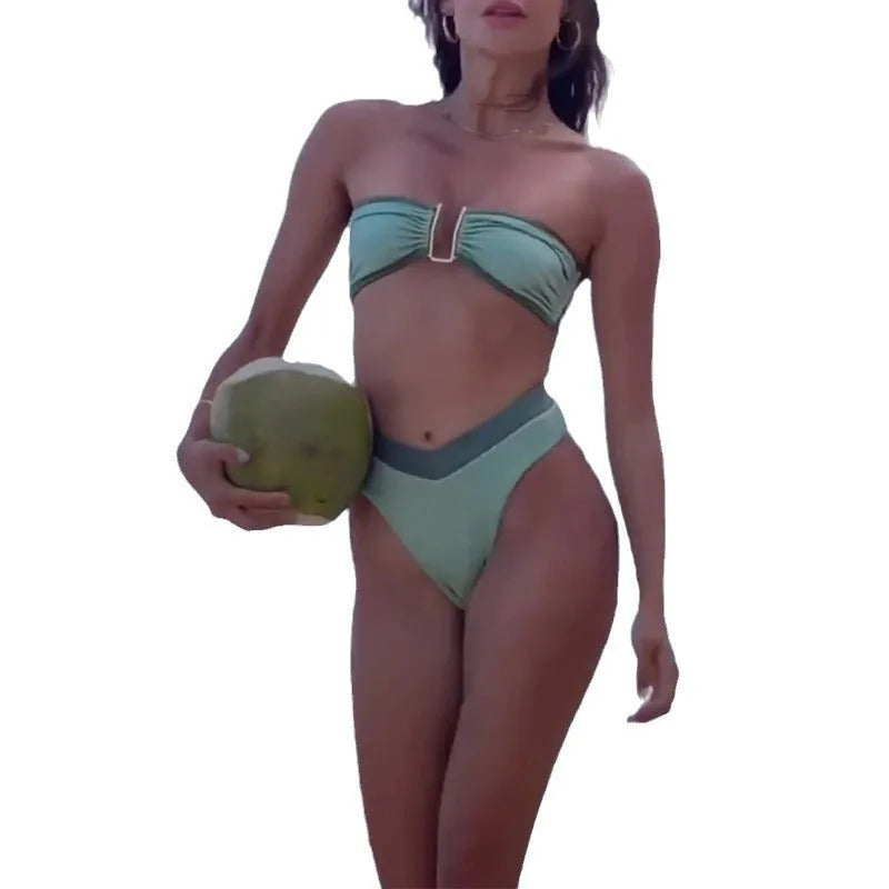 Women's fluorescent green nylon bikini set with briefs bottom and sleeveless top