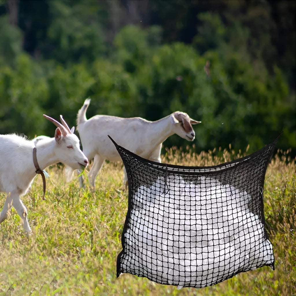 Woven PE rope horse feeding bag hanging with black or white colour options