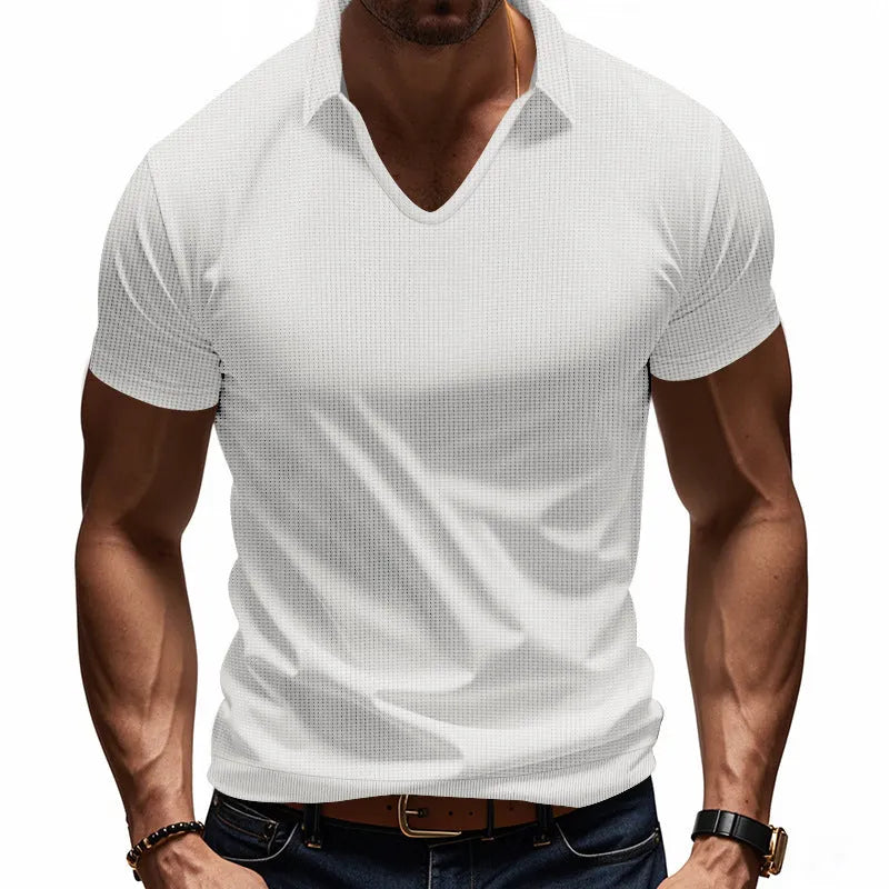 Men's V-neck loose fit short sleeve T-shirt in polyester cotton blend fabric