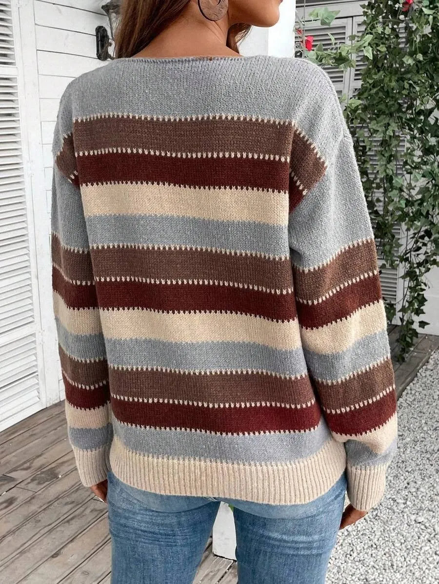 Women's colourblock striped long sleeve polyester pullover sweater in black, blue, and grey.